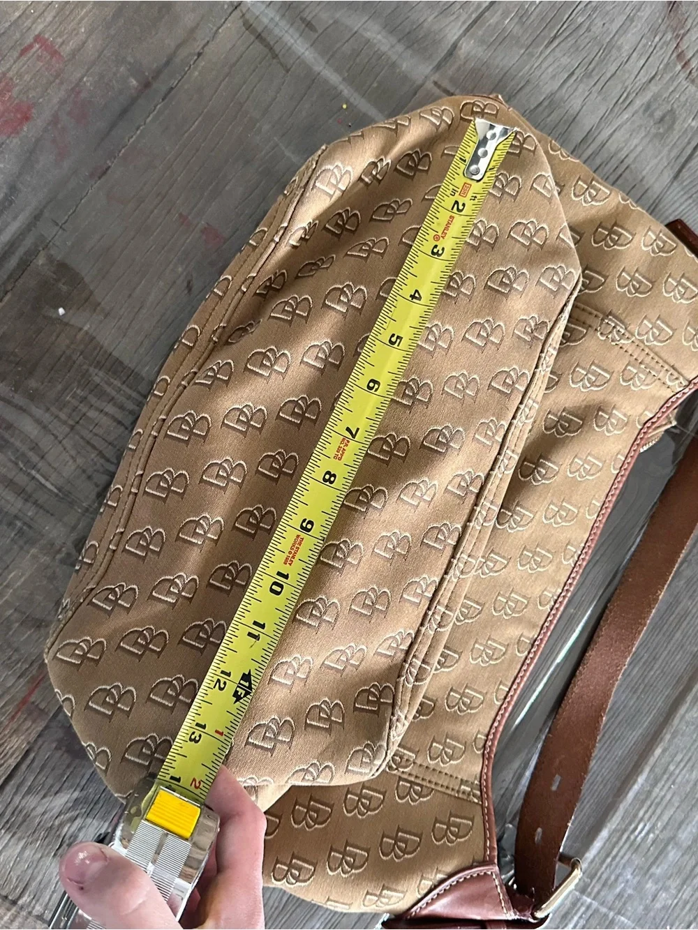 Dooney & Bourke Tan Monogram Hobo with Brown Leather Trim